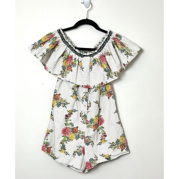 Farm Rio Pants - Farm Rio Off Shoulder Romper Size S White Floral Sleeveless 100% Cotton